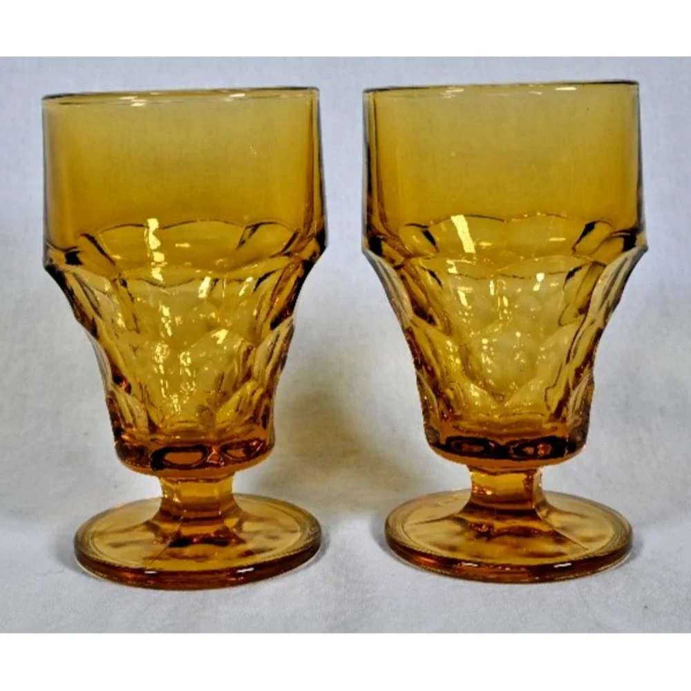 Set of 2 Vintage 1960 Anchor Hocking Georgian Paneled Tumblers Amber Gold 10 oz